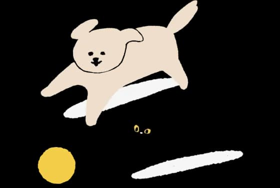 犬と猫が黄色いボールを追いかけているイラスト