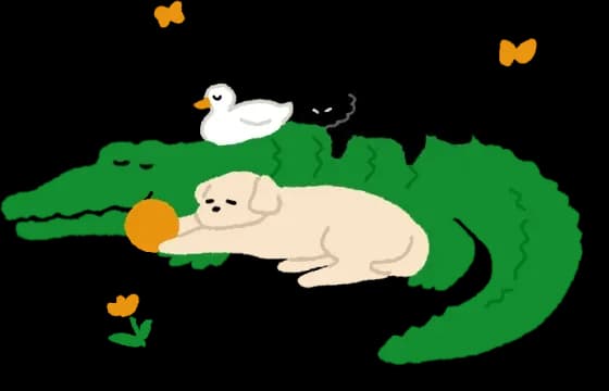 ワニと犬が寄り添って寝ており、ワニの上でアヒルと猫が寝ているイラスト