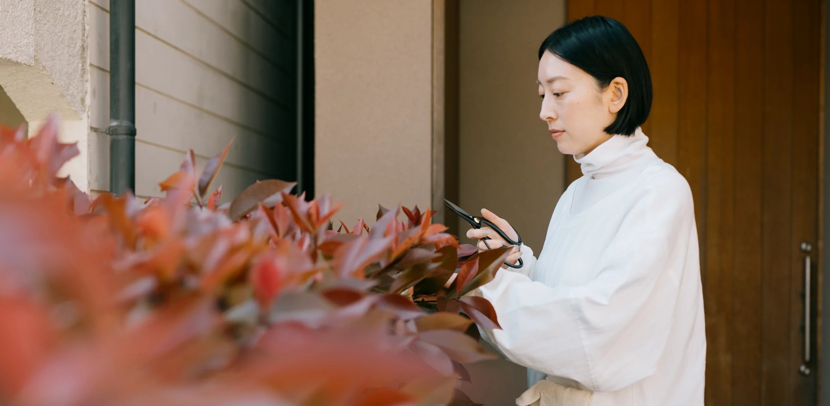 女性がホワイト色のみんなにいい割烹着を着て、植木の選定をしている様子