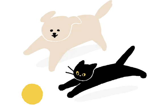 犬と猫が黄色いボールを追いかけているイラスト