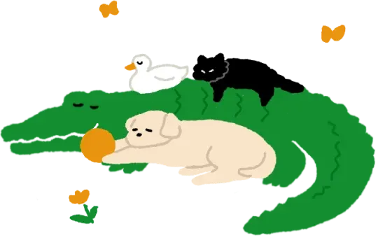 ワニと犬が寄り添って寝ており、ワニの上でアヒルと猫が寝ているイラスト